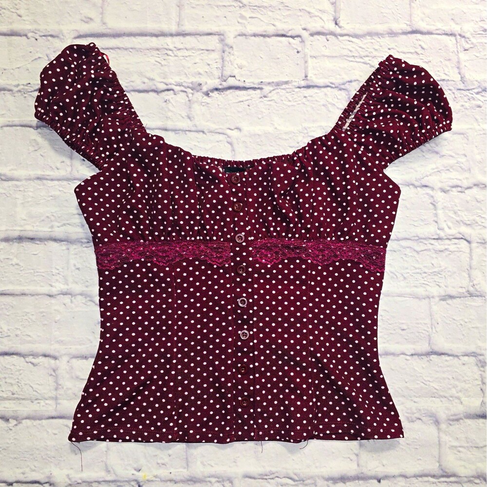 Mixed Threads Burgundy White Polka Dot Puff Sleeve Square Neck Blouse Womens M
